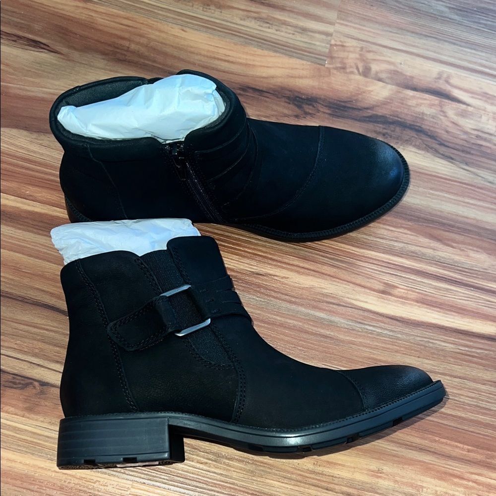 Clarks Black Ankle Boots with Strap Detail